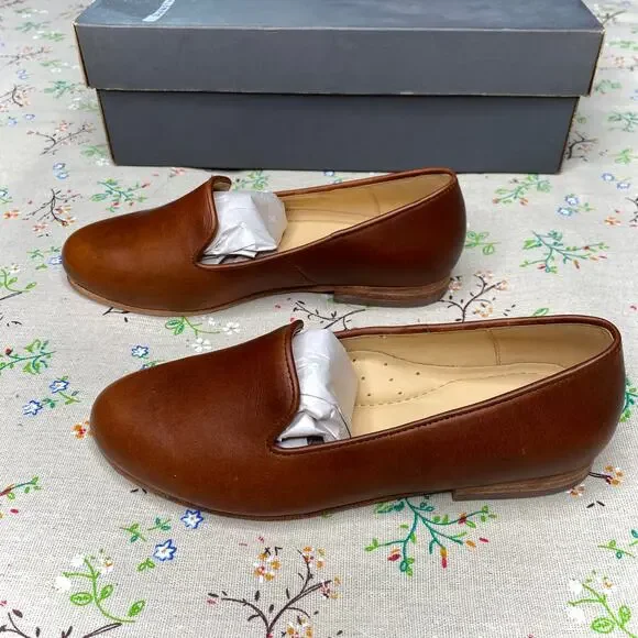 NISOLO Women´s Genuine Leather Slip On Smoking Shoe Brown Size